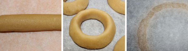 Loosen the bars with a palette knife or kitchen knife and lay them on a baking sheet lined with baking paper. Form each measured piece to a ring, remember to make the point of the triangle upwards. Smooth the cake rings, use a very tiny bit of water on your fingers. Be careful not to get the marzipan too wet.