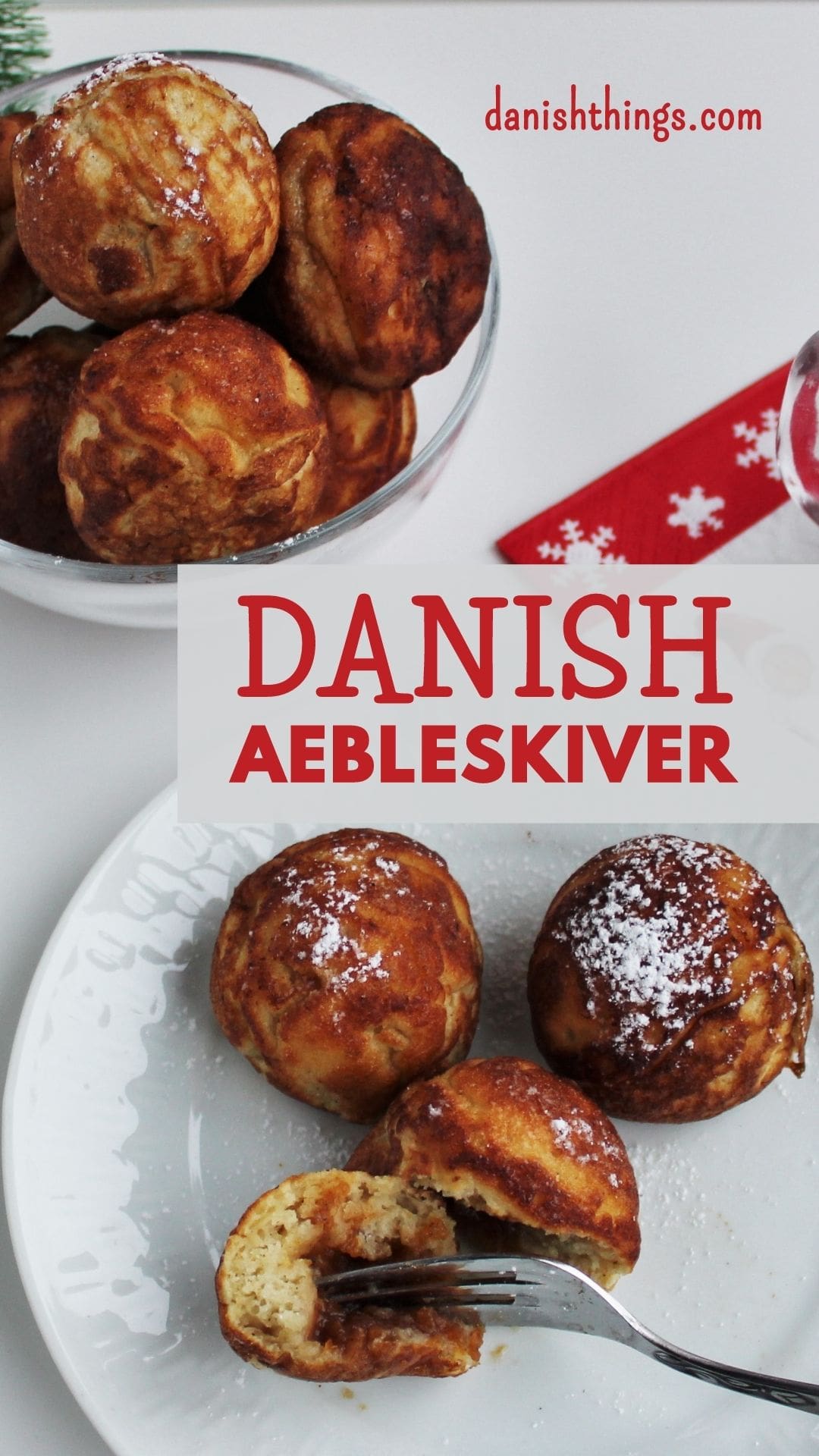 Aebleskiver - Puff dumplings - Apple dumplings - Filled pancakes - Pancake balls – in Danish æbleskiver. The most delicious filled aebleskiver. Danes eat them at Christmastime – you can eat them whenever you like. Fill your aebleskiver with apple compote, jam, marmalade or with extra batter and have nice round aebleskiver. Eat them as they are or serve them with sugar and marmalade. Find the recipe and inspiration for your Danish inspired Christmas @ danishthings.com #DanishThings # Aebleskiver #Puff-dumplings #Apple-dumplings #Filled-pancakes #Pancake-balls #round #pancakes #sweet #dumpling #Danish #æbleskiver #Christmas