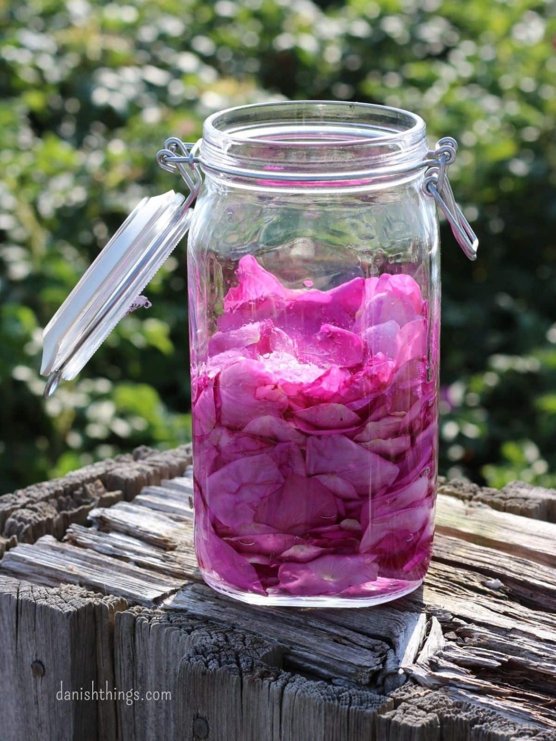 How to make your own rose-infused alcohol in days - make gin or vodka with a subtle flavour of roses. Add a personal touch to your cocktails and long drinks using homemade rose gin and rose vodka. Find recipes, prints, and inspiration for all seasons at danishthings.com © Christel Parby Danish Things #DanishThings #rosehip #rosevodka #rosegin #rose #roses #gin #rosehippetals #vodka #alcohol #flowers #eatnature #danish #recipe