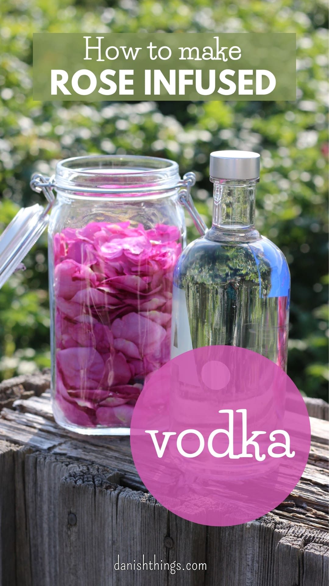 How to make your own rose-infused alcohol in days  - make gin or vodka with a subtle flavour of roses. Add a personal touch to your cocktails and long drinks using homemade rose gin and rose vodka. Find recipes, prints, and inspiration for all seasons at danishthings.com © Christel Parby Danish Things #DanishThings #rosehip #rosevodka #rosegin #rose #roses #gin #rosehippetals #vodka #alcohol #flowers #eatnature #danish #recipe