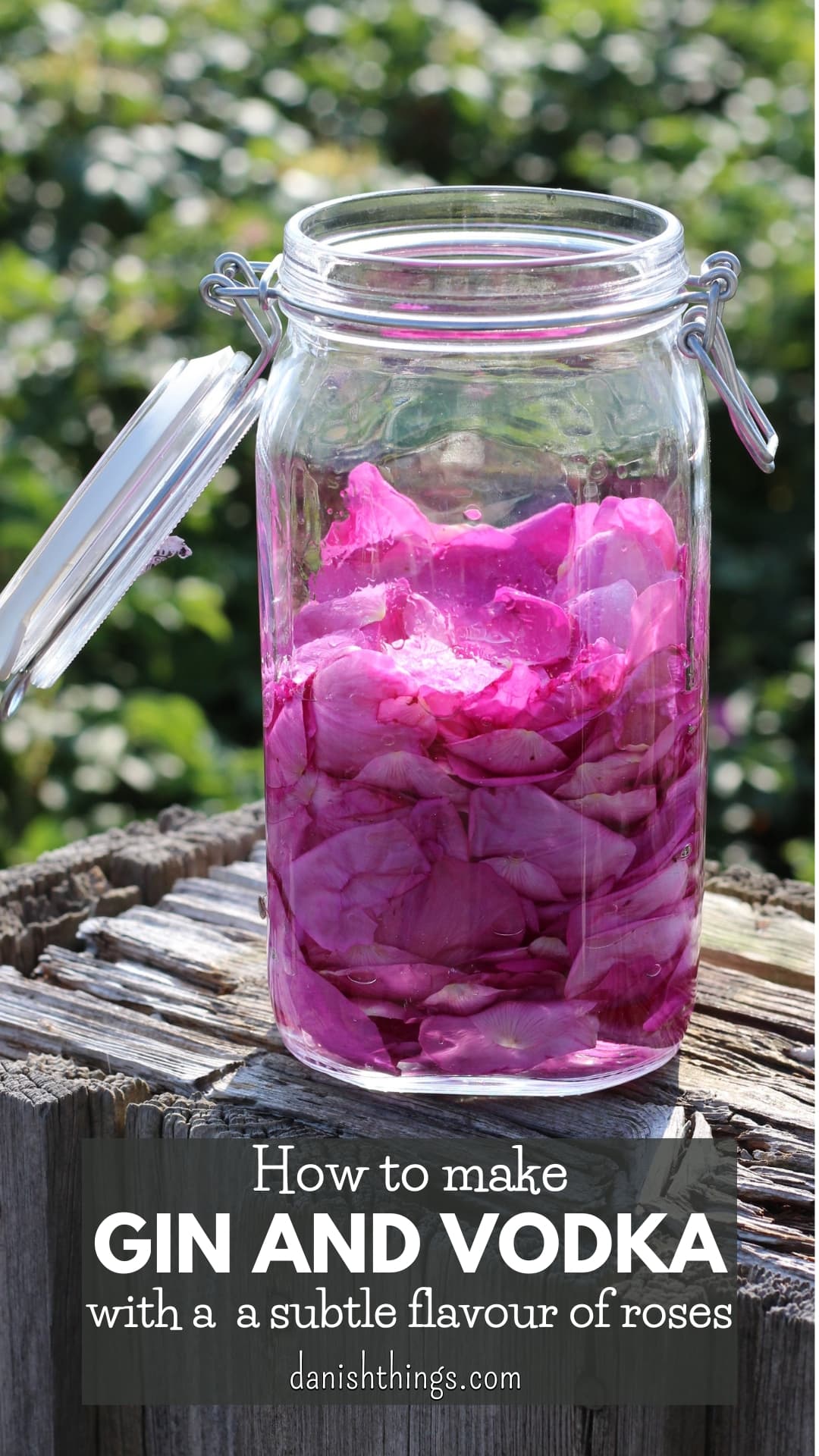 How to make your own rose-infused alcohol in days  - make gin or vodka with a subtle flavour of roses. Add a personal touch to your cocktails and long drinks using homemade rose gin and rose vodka. Find recipes, prints, and inspiration for all seasons at danishthings.com © Christel Parby Danish Things #DanishThings #rosehip #rosevodka #rosegin #rose #roses #gin #rosehippetals #vodka #alcohol #flowers #eatnature #danish #recipe